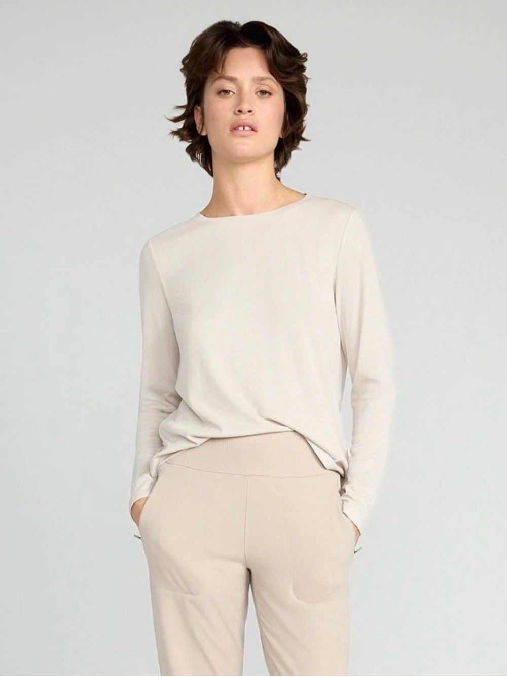 Mondetta Cream Ribbed Long-Sleeve Crewneck Top
